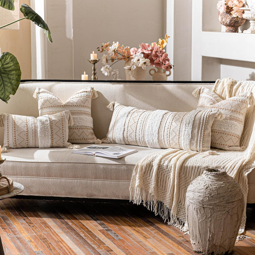 BlissBlush 14x36 Lumbar Pillow Cover for Bed, Rectangular Long Decorative Throw Pillowcase, Boho Accent Cushion with Tufted Pattern and Tassels, Cream Beige Neutral (Cover Only)