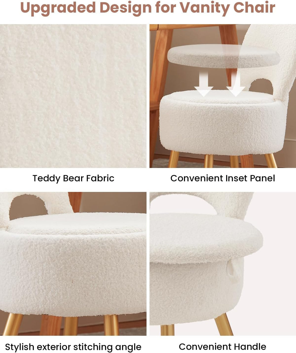 Small Vanity Stool Chair with Storage and Folding Back,4 Metal Legs with Anti-Slip Feet,Round Ottoman with Velvet Seat, Furry Padded Seat for Makeup, Bedroom (Black, Small)
