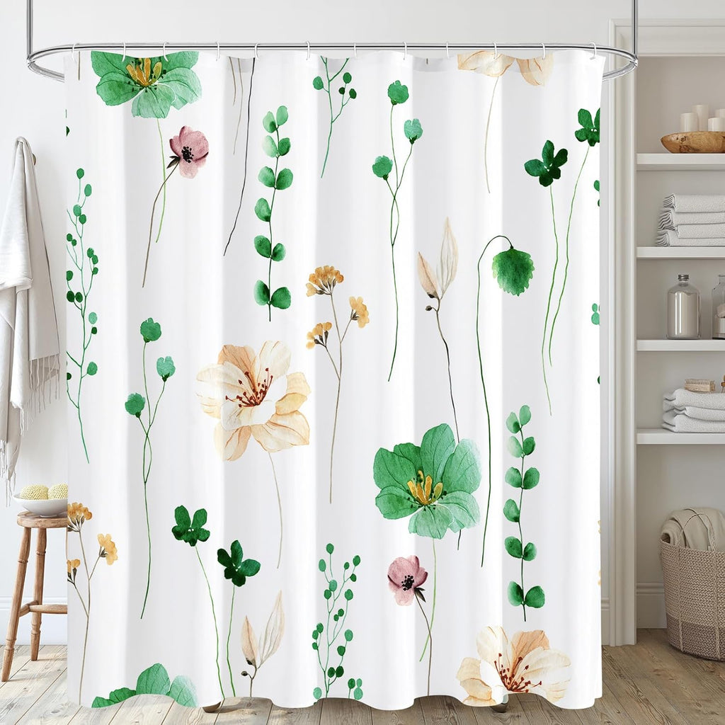 Watercolor Floral Shower Curtain, Sage Green Beige Flower Shower Curtain for Bathroom, Modern Minimalist White Waterproof Fabric Shower Curtain Set 72x72 Inch
