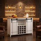 GAOMON Farmhouse Coffee Bar Cabinet 47", Buffet Cabinet with Sliding Barn Door, Coffee Bar with 4 Glass Hooks and 16 Wine Racks for Kitchen, Dining and Living Room, White