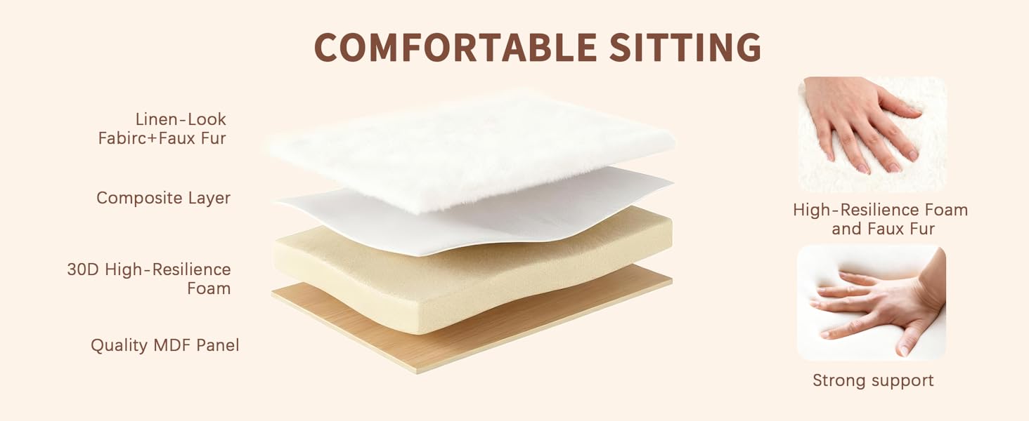 New Upgrade Small Vanity Chair with Storage and Folding Back, White Vanity Stool wiht Ergonomic Backrest and Metal Legs, Furry Padded Ottoman for Makeup Room, Bedroom