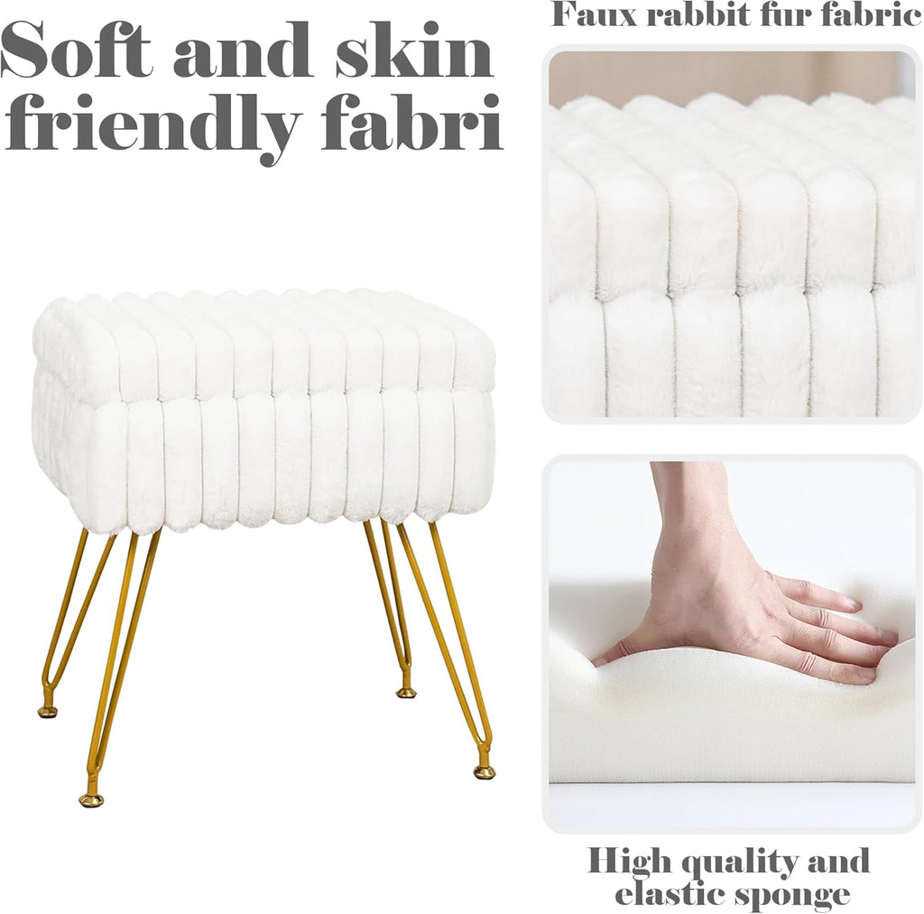 Faux Fur White Vanity Stool Chair with Storage Ottoman, Vanity Chair for Makeup Room, Vanity Stools for Bedroom, Footrest with Metal Legs and as a Coffee Table, White