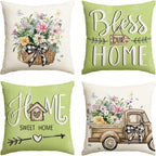 colorlife Bless Our Home Farmhouse Eucalyptus Leaves Throw Pillow Covers, 18 x 18 Inch Truck Home Sweet Home Cushion Case Decorations Set of 4