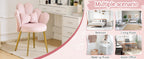 Makeup Vanity Chair with Back,Flower Cute Girls Desk Chair Comfy No Wheels,Modern Dining Chair,Small Accent Chair with Adustable Gold Legs&Bow Pillow for Home Office,Bedroom,Velvet,Pink