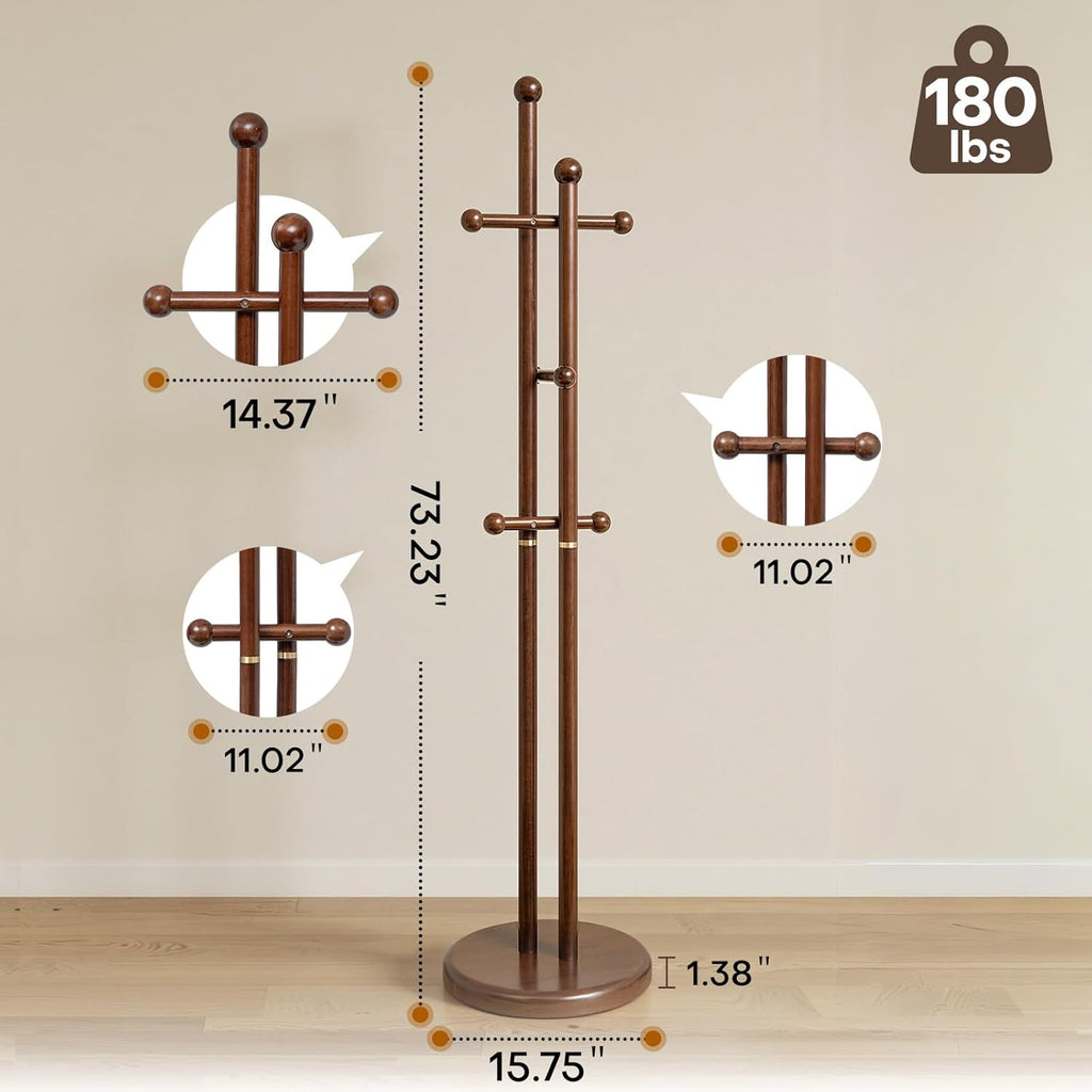Coat Rack Freestanding, Wooden Coat Tree with 2 Main Rods, Heavy Duty Coat Hanger Stand with 15.75" Dia.Round Base, Walnut Standing Hall Tree for Bedroom Living Room, Clothes Jacket Bag Hat