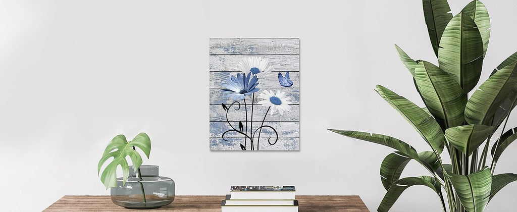 Farmhouse Floral Wall Art for Living Room, Blue and White Daisy Flower and Butterfly on Rustic Wood Board Canvas Wall Art Framed Artwork Ready to Hang for Bathroom Bedroom Decor, 16L X 12W