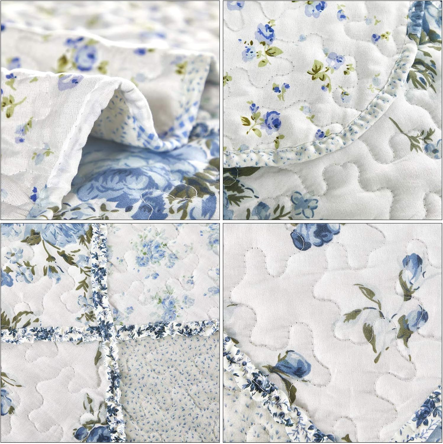 Blue Floral Patchwork Quilt Set, Full Queen Size, 3 Piece Bedding Set with 2 Pillowcases | Blue Patchwork Quilt, Queen Size Bedspread, Reversible Quilt Set, Floral Quilt Set, Patchwork Quilt Set, Queen Comforter Set