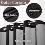 No Hook Slub Textured Shower Curtain with Snap in Liner - Black Fabric Outer Curtain & Waterproof Inner Liner, Hotel Style with See Through Top Window, 71x74 in