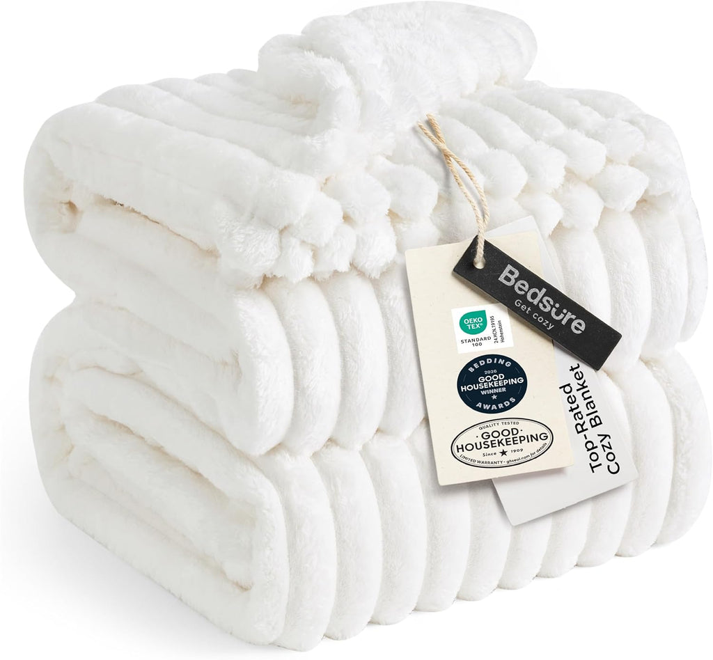 Bedsure GentleSoft Blankets Queen Size for Bed - Cozy Soft Sofa Couch Cover Blankets for Women, Cute Large Bedding Fleece Throws for Girls, Off White, 90x90 Inches