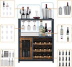 3-Tier Wine Bar Cabinet with Detachable Wine Rack and Storage Space, Buffet Cabinet with Glass Holder and Mesh Door, for Kitchen, Living Room and Bar .Rustic Brown.