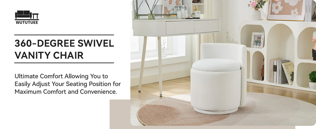 Velvet Vanity Chair with Storage, 360° Swivel Makeup Chair with Wave Back, No Assembly Small Accent Stool for Bedroom, Dressing, Living Room, White