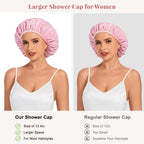 Shower Cap for Women Waterproof Reusable, Large Shower Cap Non-Slip with Elastic Band, Washable Bath Hair Hat for Long Hair, Braids (Pink)