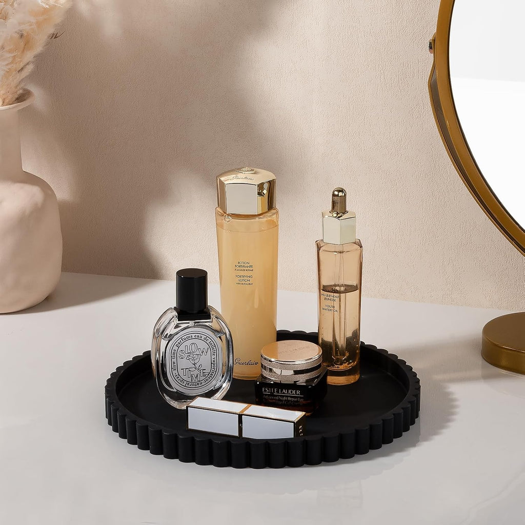 Round Bathroom Tray Silicone Kitchen Counter Decor Vanity Organizer Decorative Coffee Table Tray for Perfume, Candle, Soap Dish, 9 Inch, Black