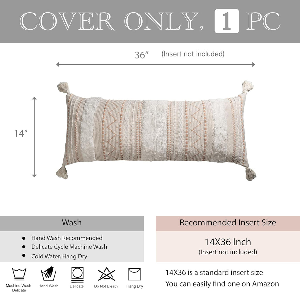 BlissBlush 14x36 Lumbar Pillow Cover for Bed, Rectangular Long Decorative Throw Pillowcase, Boho Accent Cushion with Tufted Pattern and Tassels, Cream Beige Neutral (Cover Only)