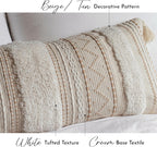 BlissBlush 14x36 Lumbar Pillow Cover for Bed, Rectangular Long Decorative Throw Pillowcase, Boho Accent Cushion with Tufted Pattern and Tassels, Cream Beige Neutral (Cover Only)