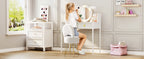 Small Vanity Stool Chair with Storage and Folding Back, 13" x 13" x 17.7" Faux Fur Soft Ottoman for Teenager, 4 Metal Legs with Anti-Slip Feet, Furry Padded Seat for Makeup, Bedroom, White