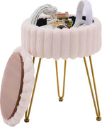 Vanity Stool with Storage, Faux Fur Ottoman Chair with Metal Legs, Round Makeup Vanity Chair for Bedroom or Dressing Table, Modern Small Ottoman Seat (Pink)