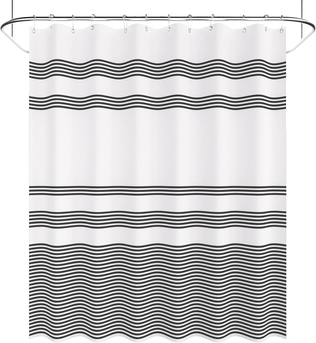 Shower Curtain, Washable Cloth Black Shower Curtain Sets with 12 Shower Curtain Hooks, Fabric Rustic Black and White Striped Curtain, Farmhouse Bathroom Curtains, 72x72 Inches