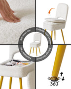 Small Storage Vanity Stool with Folding Backrest, 12.99" x 13.78" x 31.5" Square Teddy Velvet Ottoman, Makeup Chair for Living Room, 4 Metal Legs with Anti-Slip Feet, White WBD027W