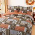 Farmhouse Cotton Quilts Queen Size for Fall - Lightweight Patchwork Autumn Bedspread Set for Bed Coverlet - Highly-Woven Soft Reversible Bed Spread for All Seasons (Floral Orange) 3 Pieces