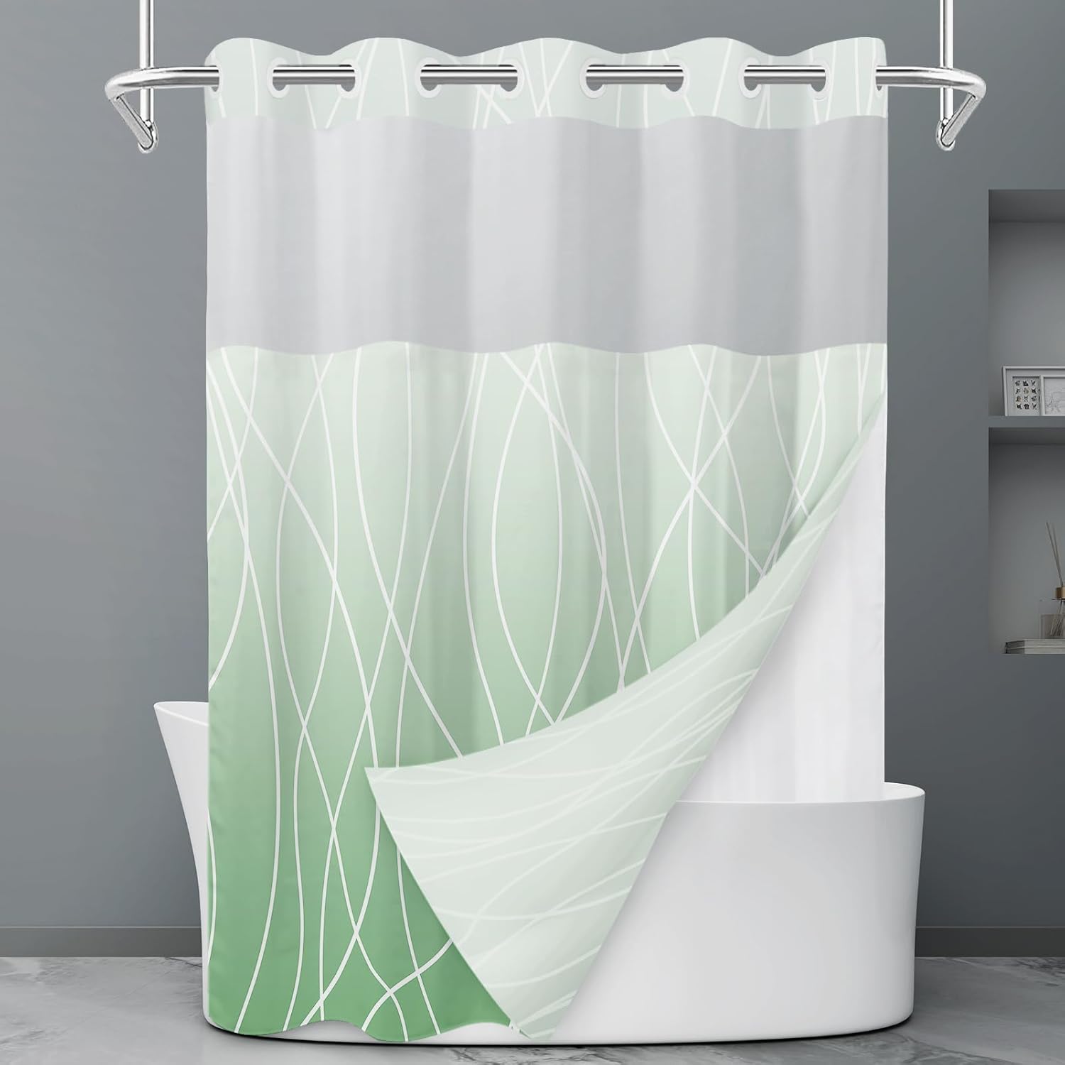 No Hook Grey White Striped Shower Curtain with Snap in Fabric Liner Set - Hotel Liner Set with See Through Mesh Top Window,Machine Washable, 71x74 INCH