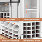 GAOMON Farmhouse Coffee Bar Cabinet 47", Buffet Cabinet with Sliding Barn Door, Coffee Bar with 4 Glass Hooks and 16 Wine Racks for Kitchen, Dining and Living Room, White