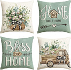 colorlife Bless Our Home Farmhouse Eucalyptus Leaves Throw Pillow Covers, 18 x 18 Inch Truck Home Sweet Home Cushion Case Decorations Set of 4