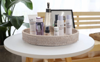 13.8 inch Round Rattan Tray, Decorative Coffee Table Tray, Ottoman Tray, Woven Serving Tray with Handles, Wicker Serving Basket, Whitewash
