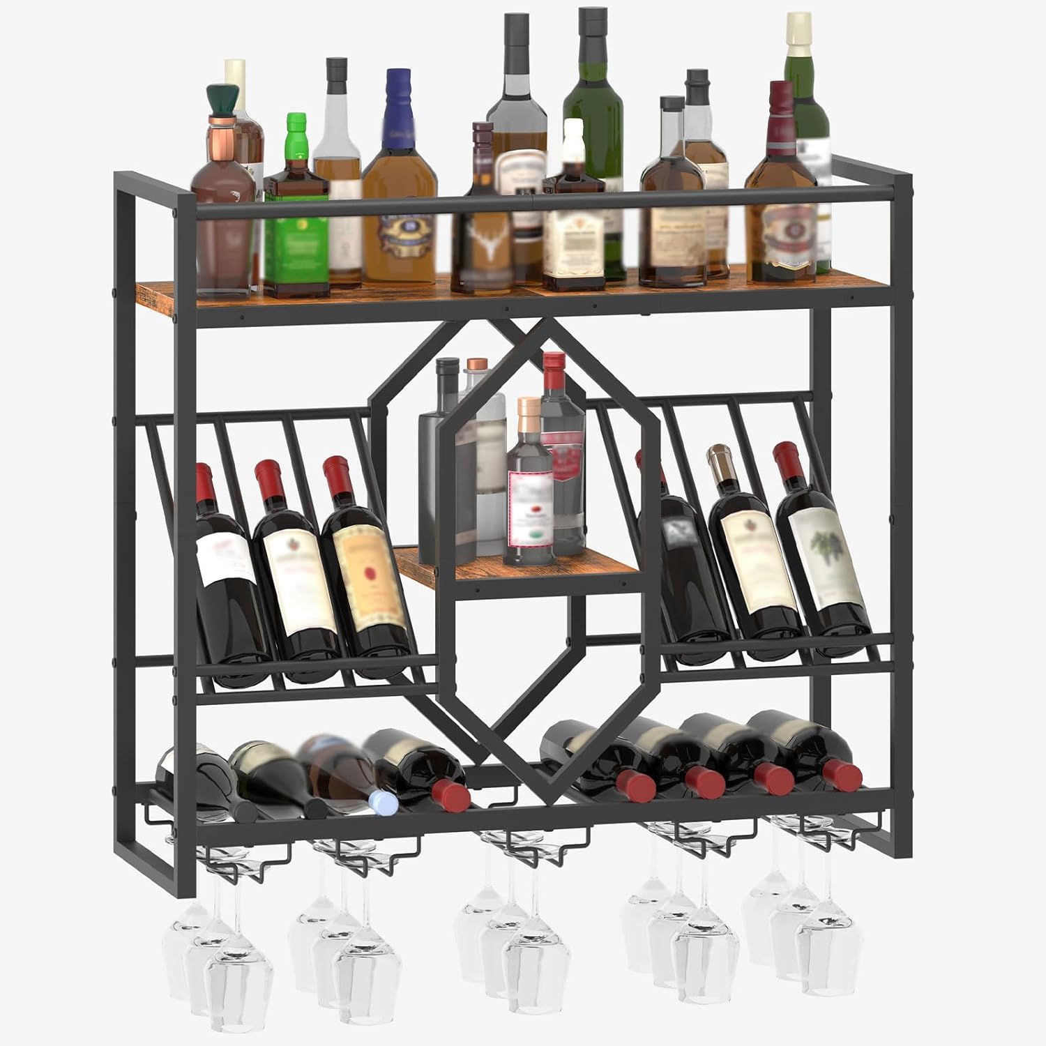 HOOBRO Wall Mounted Wine Rack with LED Light, 31.5" Wine Shelf, 3 Tier Wine Bottle Display Shelf with Glass Holder, Hanging Bar Liquor Storage Rack, for Kitchen, Bar, Rustic Brown and Black BF73DBJ01