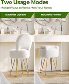 Small Vanity Stool Chair with Storage and Folding Back, 13" x 13" x 17.7" Faux Fur Soft Ottoman for Teenager, 4 Metal Legs with Anti-Slip Feet, Furry Padded Seat for Makeup, Bedroom, White