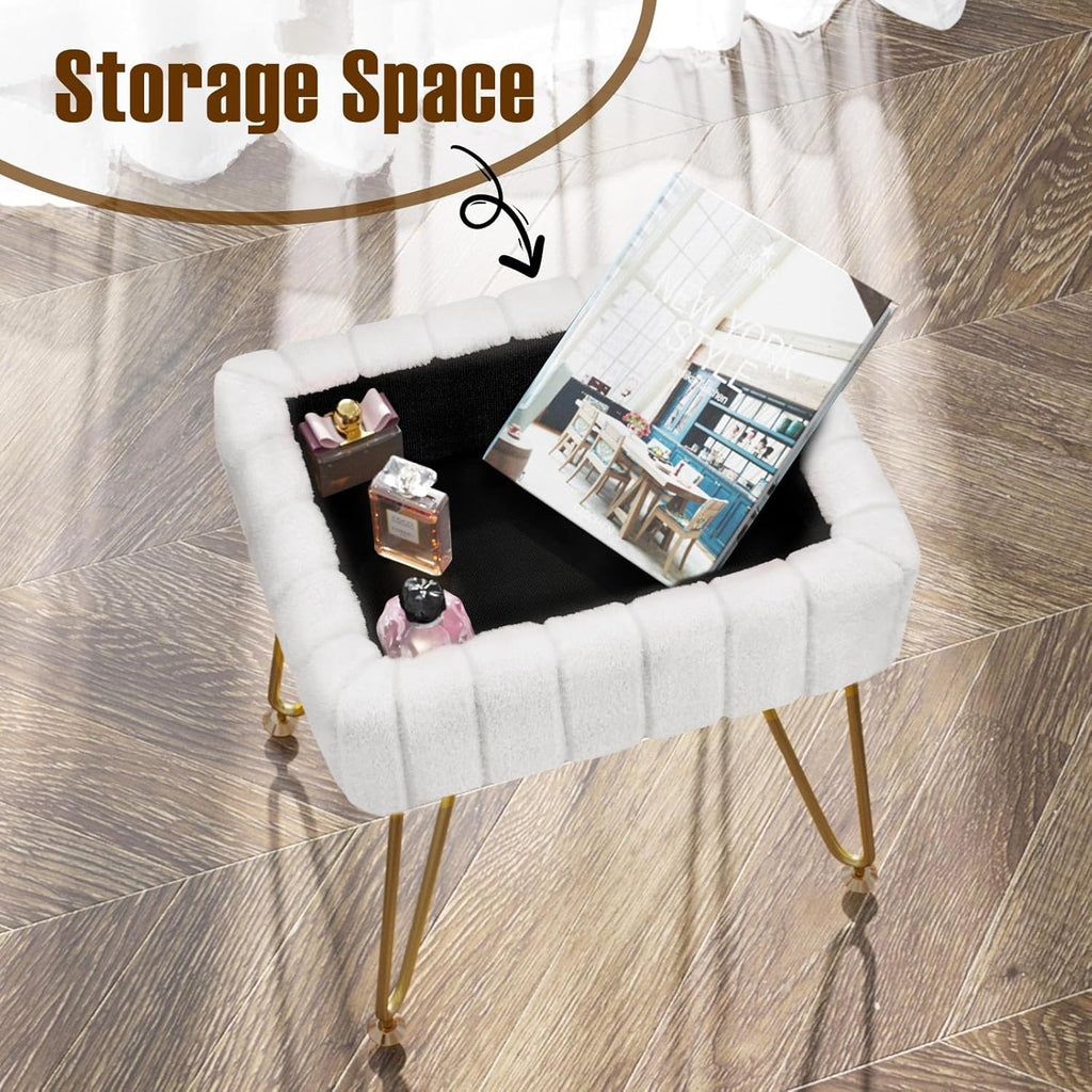 Vanity Stool Chair Faux Fur with Storage, 15.7"L x 11.8"W x 19.4"H Soft Ottoman 4 Metal Legs with Anti-Slip Feet, Furry Padded Seat, Modern Multifunctional Chairs for Makeup, Bedroom White