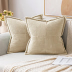 MIULEE Decorative Throw Pillow Covers for Couch Bed Livingroom 18x18 Inch Set of 2 Beige Boho Accent Throw Pllows Broadside Striped Patchwork Soft Corduroy Pillowcases