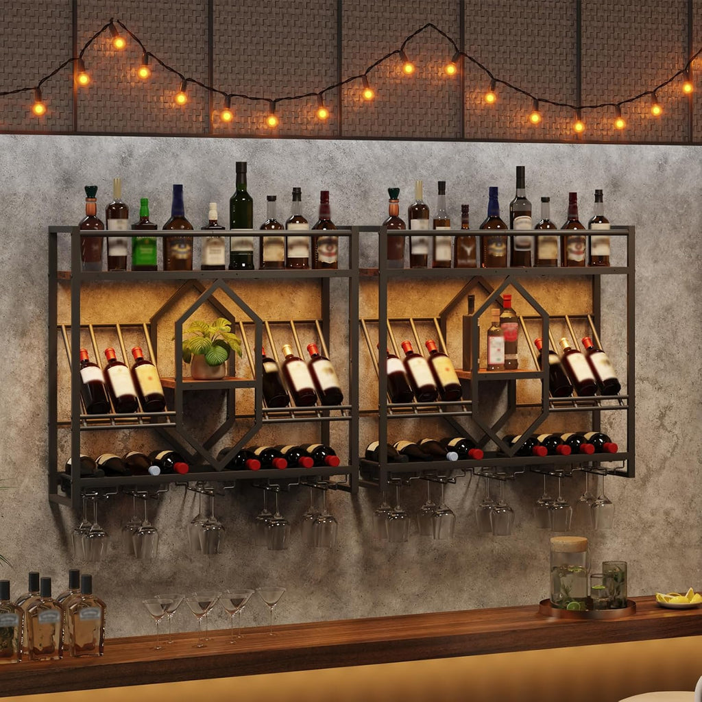 HOOBRO Wall Mounted Wine Rack with LED Light, 31.5" Wine Shelf, 3 Tier Wine Bottle Display Shelf with Glass Holder, Hanging Bar Liquor Storage Rack, for Kitchen, Bar, Rustic Brown and Black BF73DBJ01