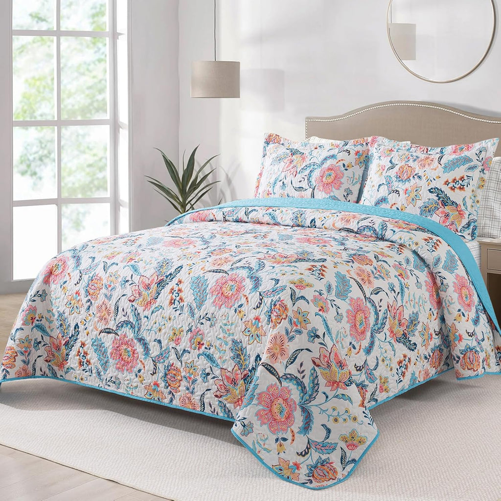 Farmhouse Cotton Quilts Queen Size for Fall - Lightweight Patchwork Autumn Bedspread Set for Bed Coverlet - Highly-Woven Soft Reversible Bed Spread for All Seasons (Floral Orange) 3 Pieces