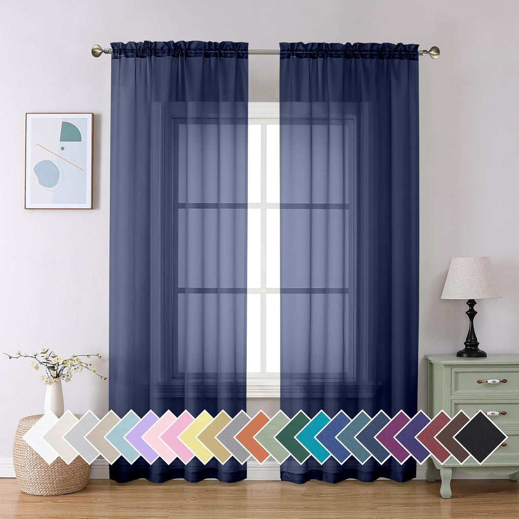 Sheer Navy Blue Curtains 84 inch Length 2 Panels Set, Airy Soft-Touching Rod Pocket Voile Drapes for Living Room/Bedroom, Each 40W x 84L