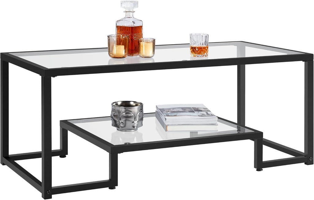 Yaheetech Gold Coffee Table, 42" Rectangular Glass Coffee Table for Living Room, 2-Tier Living Room Tables with Storage Center Tea Tables with Metal Frame for Small Space, Apartment, Office