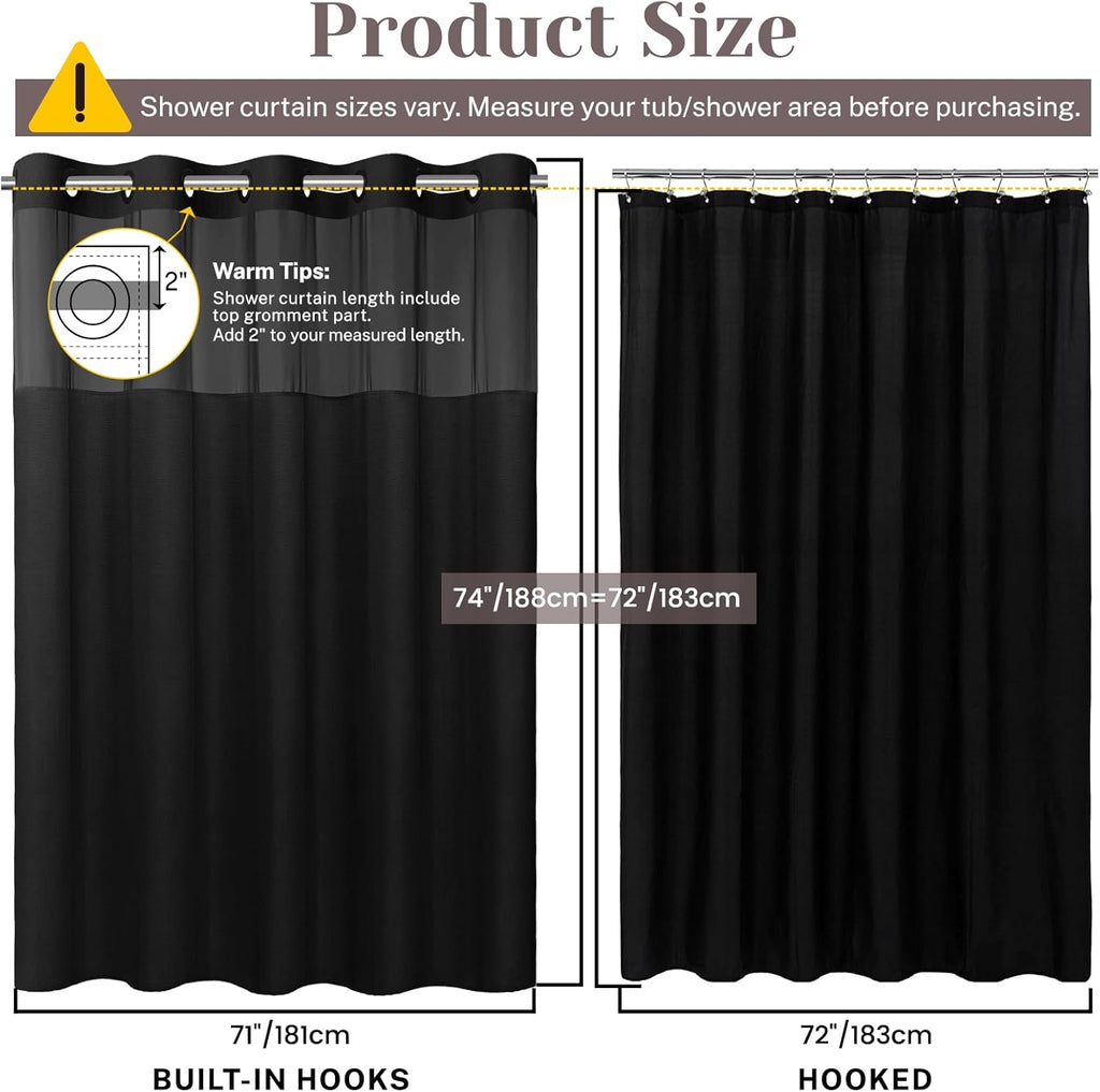 No Hook Slub Textured Shower Curtain with Snap in Liner - Black Fabric Outer Curtain & Waterproof Inner Liner, Hotel Style with See Through Top Window, 71x74 in