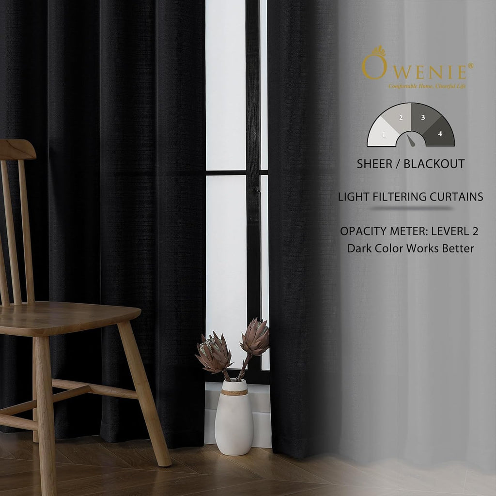 Black Curtains 63 Inch Length 2 Panels Set for Living Room Bedroom, Light Filtering Faux Linen Textured Soft Window Curtain, Airy Soft Rod Pocket cortinas para cuarto, 40Wx63L Inches, 2 Pcs