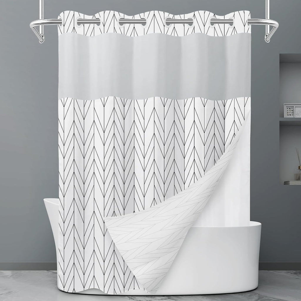 No Hook Grey White Striped Shower Curtain with Snap in Fabric Liner Set - Hotel Liner Set with See Through Mesh Top Window,Machine Washable, 71x74 INCH