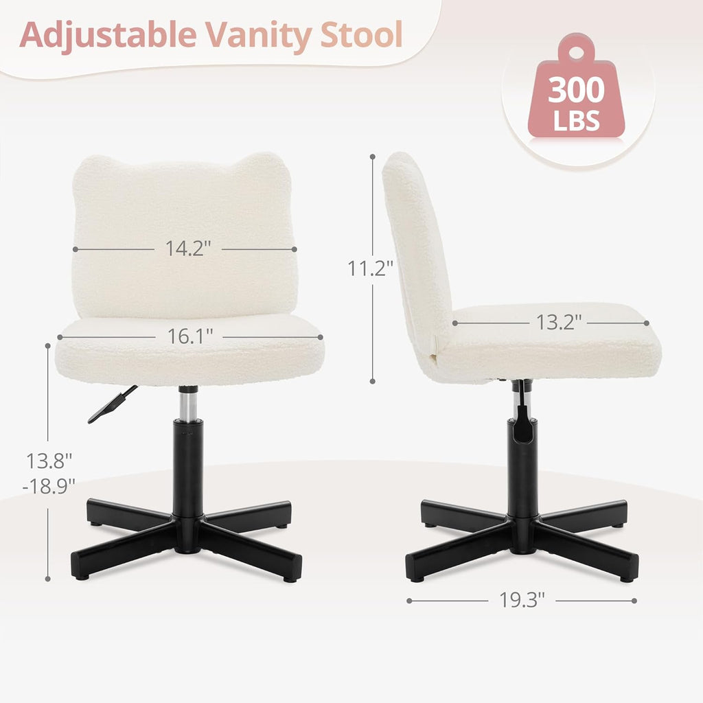 Adjustable Vanity Stool Chair with Girly Bear Ear Wide Back, 360° Swivel Vanity Stool for Makeup Room, Upholstered Teddy Velvet Ottoman for Teen Girls, 350lbs, Beige