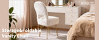 New Upgrade Small Vanity Chair with Storage and Folding Back, White Vanity Stool wiht Ergonomic Backrest and Metal Legs, Furry Padded Ottoman for Makeup Room, Bedroom