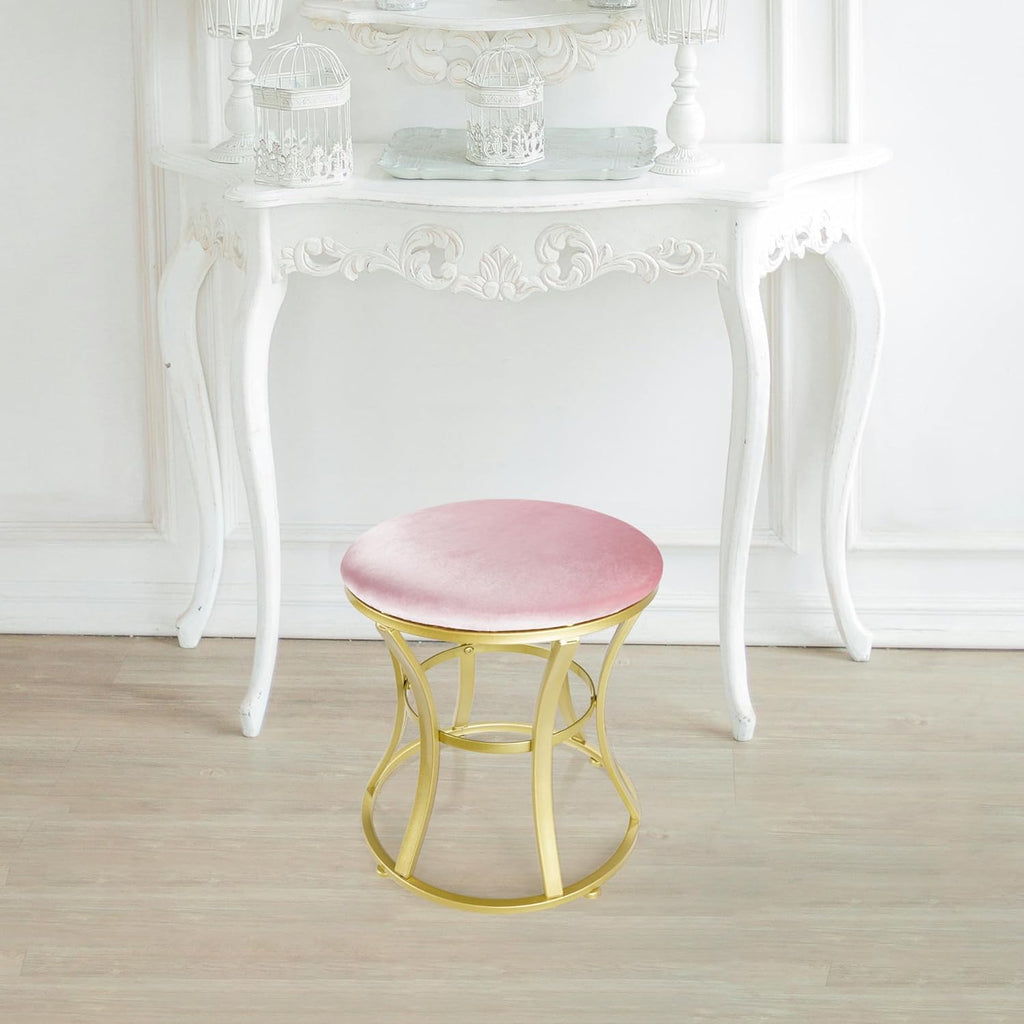 Velvet Round Vanity Stool,Pink Velvet Footrest Ottoman Foot Stool Seat with Golden Metal Legs,Makeup Chair for Bathroom Vanity,Bedroom,Living Room