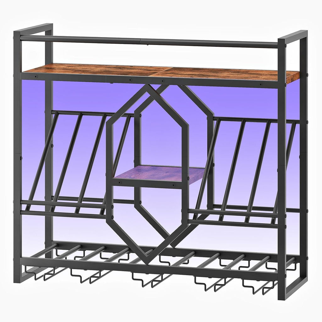 HOOBRO Wall Mounted Wine Rack with LED Light, 31.5" Wine Shelf, 3 Tier Wine Bottle Display Shelf with Glass Holder, Hanging Bar Liquor Storage Rack, for Kitchen, Bar, Rustic Brown and Black BF73DBJ01