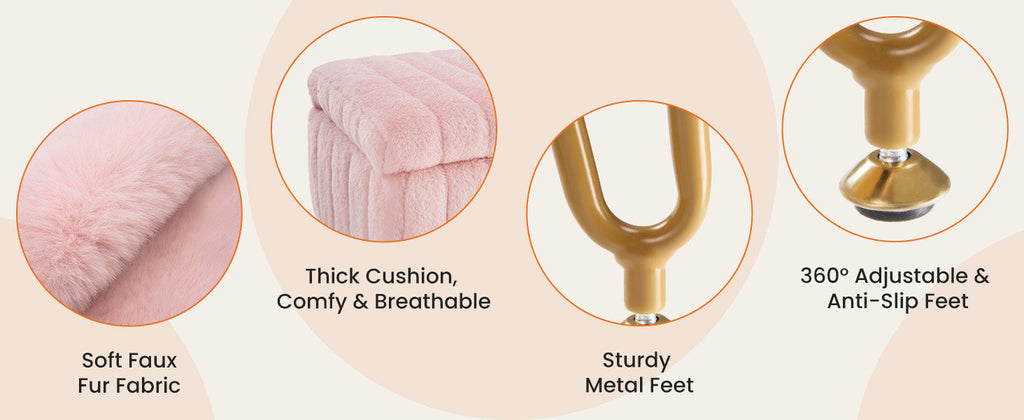 Vanity Stool Chair with Storage, 18.9”H x 16”L x 12.2”W Ottoman Chair Faux Fur Soft Padded Makeup Footstools Seat with 4 Metal Legs Anti-Slip Adjustable Feet for Make Up, Pink