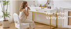 White Vanity Chair with Storage, Folding Back Faux Fur Vanity Stool, Makeup Ottoman with Gold Legs for Bedroom/Bathroom