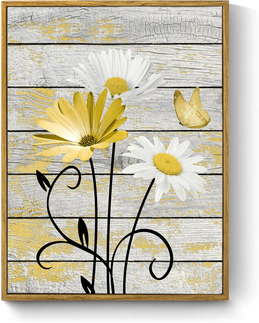 Farmhouse Floral Wall Art for Living Room, Blue and White Daisy Flower and Butterfly on Rustic Wood Board Canvas Wall Art Framed Artwork Ready to Hang for Bathroom Bedroom Decor, 16L X 12W