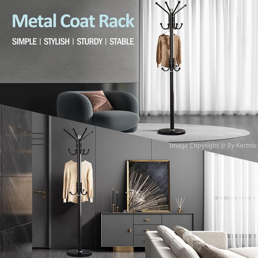 Modern Coat Rack Freestanding with Natural Marble Base & Sturdy Metal Frame, 11 Hooks Hall Tree for Jackets, Hats, Bags, Entryway Organizer for Bedroom, Living Room, Closet (11 hooks-Black)