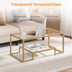 Yaheetech Gold Coffee Table, 42" Rectangular Glass Coffee Table for Living Room, 2-Tier Living Room Tables with Storage Center Tea Tables with Metal Frame for Small Space, Apartment, Office