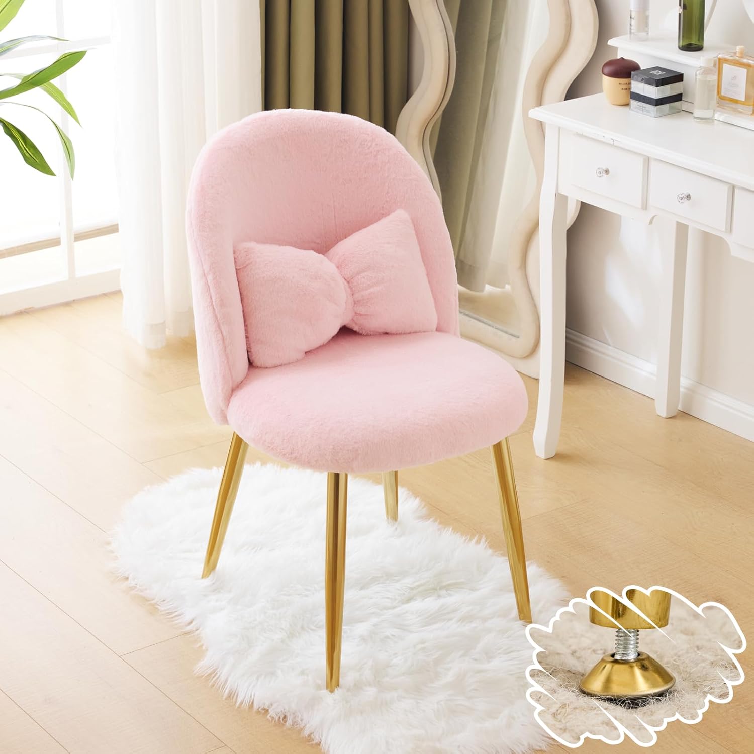 Makeup Vanity Chair with Back,Flower Cute Girls Desk Chair Comfy No Wheels,Modern Dining Chair,Small Accent Chair with Adustable Gold Legs&Bow Pillow for Home Office,Bedroom,Velvet,Pink