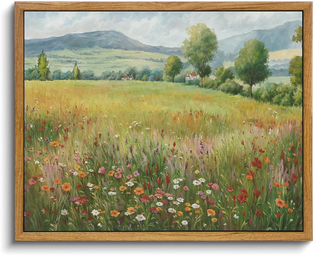 Framed Canvas Wall Art,Vintage Decor,Landscape Nature Country Wildflower Paintings Farmhouse Pictures Modern Artwork Rustic Fall Flower Prints Cottagecore Office Living Room Bedroom Bathroom